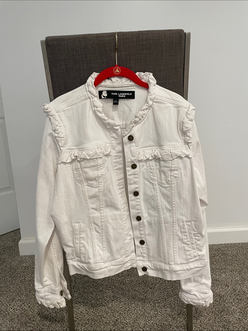 Karl Lagerfeld White Ruffle-Trim Denim Jacket